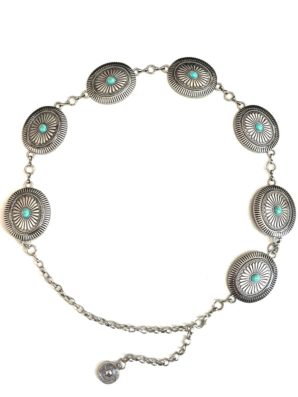 Concho Belt Silvertone with Turquoise Cabachons - Picture 2 of 9